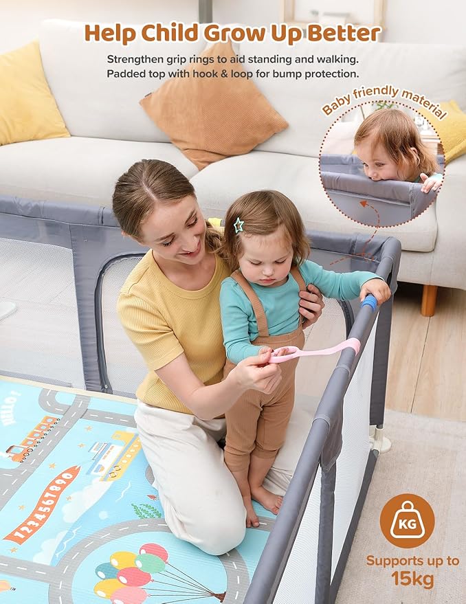 Dripex Baby Playpen with Mat, 71"x59" Play Pen for Toddlers 1-3 Years, Soft Breathable Visible Mesh, Indoor/Outdoor Portable Play Yard with Mat, Safe Baby Fence Play Area, Grey
