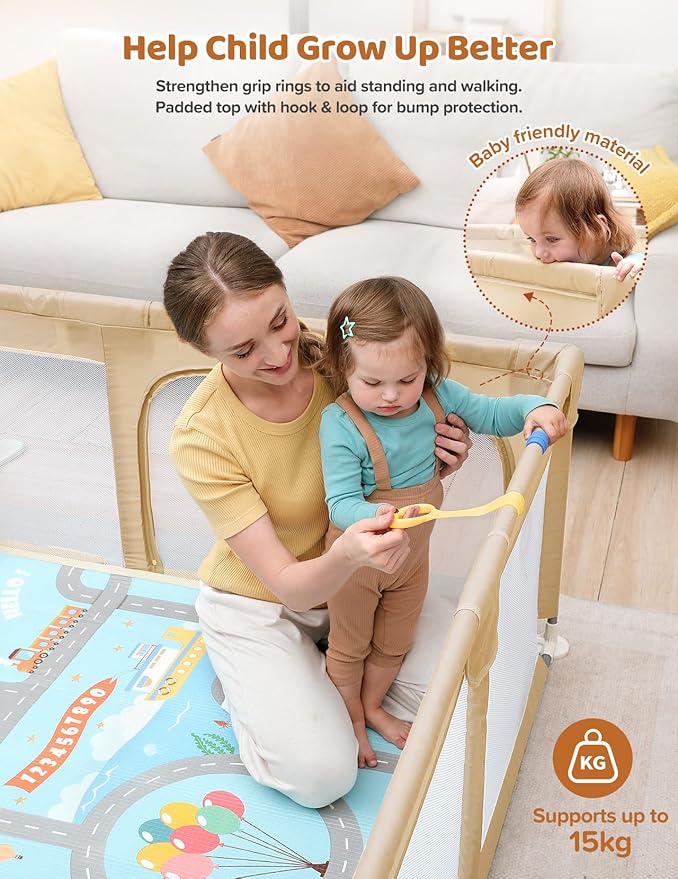 Dripex Baby Playpen with Mat, 47"x47" Play Pen for Toddlers 1-3 Years, Soft Breathable Visible Mesh, Indoor/Outdoor Portable Play Yard with Mat, Safe Baby Fence Play Area, Beige