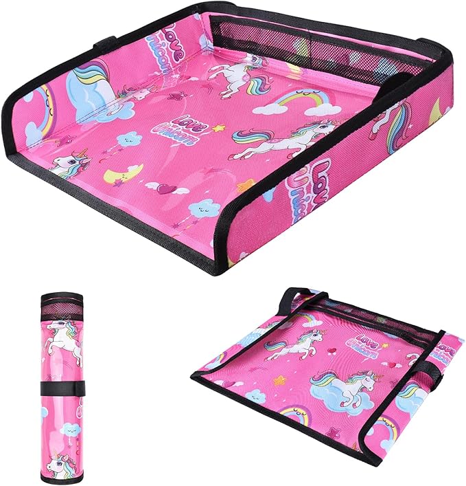 COOLBEBE Airplane Tray Table Cover, Foldable Travel Tray Cover for Toddlers 1-3, Universal Fit for Airplane, Car Seat, High Chair, Machine Washable, Portable, Pink Unicorn