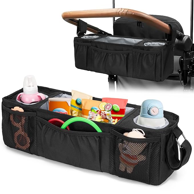 Wagon Parent Console Only Compatible with Wonderfold W4, Stroller Snack Tray, 2 Insulated Cup Holders, Black