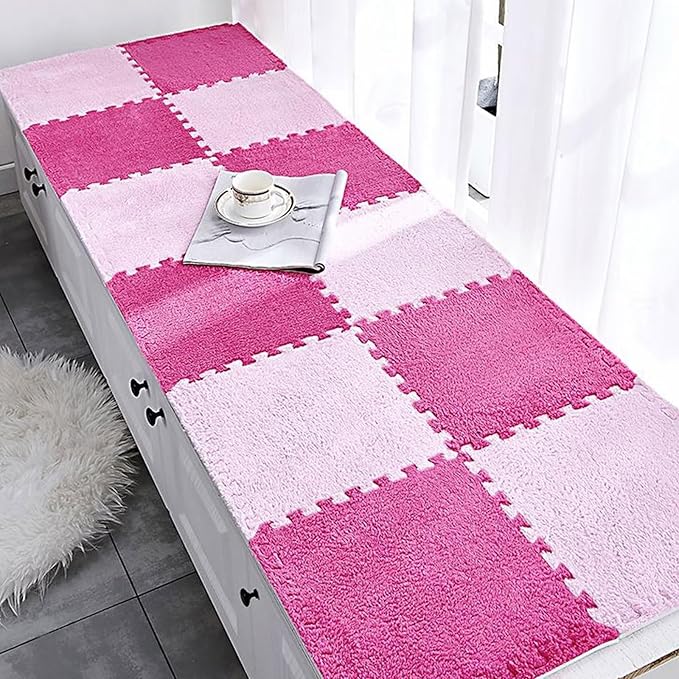 12pcs Plush Puzzle Foam Floor Mat, Soft Thicken Fluffy Interlocking Square Foam Tiles Area Rugs Carpet for Parlor Bedroom Decoration(11.8x11.8x0.55in,Rose Red&Pink)