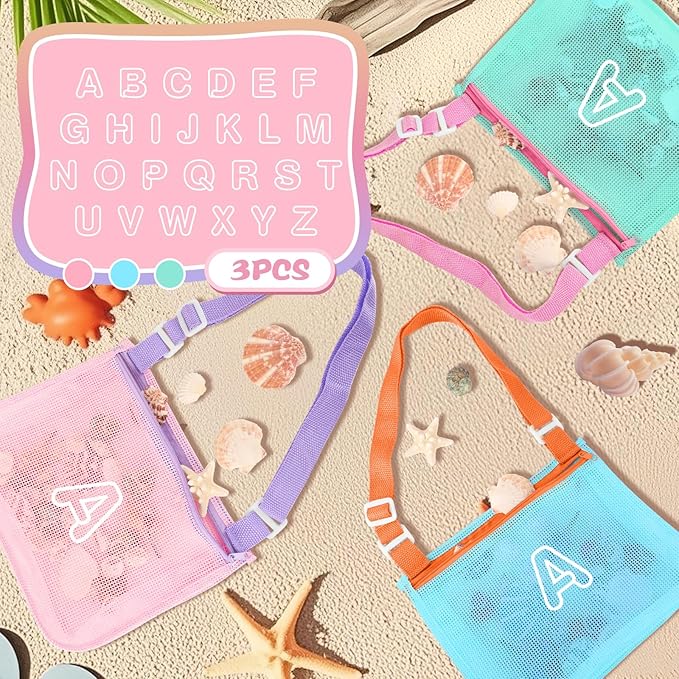3Pcs Personalized Kids Beach Shell Bag, Initial Seashell Mesh Zipper Beach Pouch, Shell Collecting Bag for Holding Shells with Adjustable Straps, Sand Toys Swim Pouch Gift for Girl Boy Teens(Letter A)
