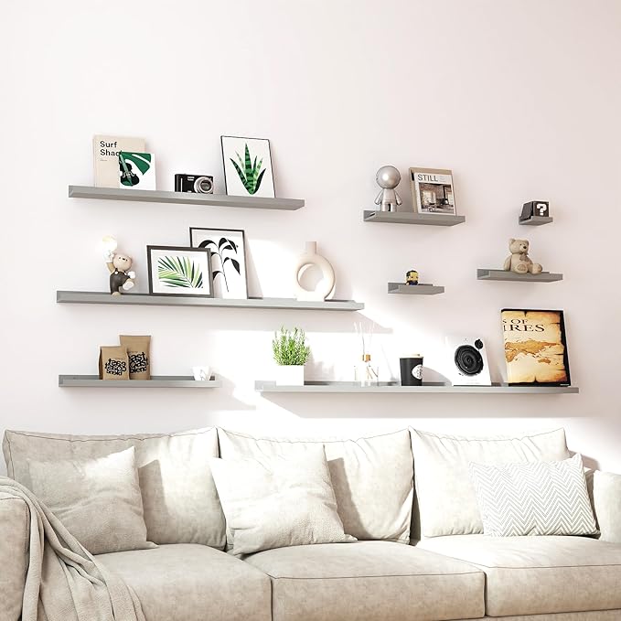 Small Floating Shelves for Wall Decor, Wall Mounted Wood Shelf for Bedroom, Living Room, Bathroom, Kitchen, Nursery, Display Picture Ledge Shelf with Lip Set of 2-8 Inches, Grey