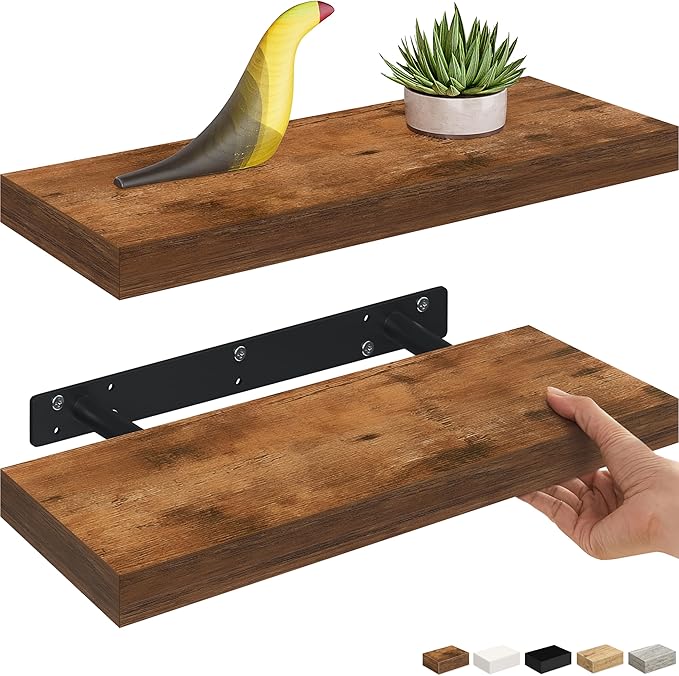Ballucci Floating Shelves, 16" Wood Wall Shelf Set of 2, with Invisible Brackets for Bathroom, Living Room, Bedroom, Kitchen, Nursery, 6" Deep, Rustic Brown