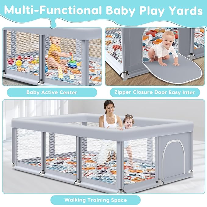 Fshibila 74" ×50" Large Baby Playpen, Baby Playard for Babies and Toddlers, Play Pens for Indoor & Outdoor, Sturdy Safety Play Yard with Soft Breathable Mesh, Anti-Fall, Grey (with MAT)