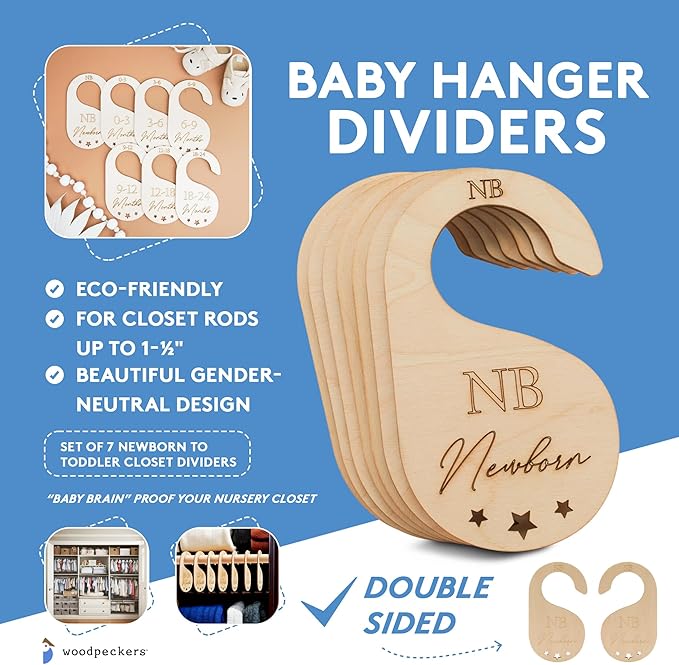 Baby Closet Dividers, Set of 7 Baby Clothes Organizer, Double Sided Wooden Baby Closet Organizer for Nursery, Size Newborn to Toddler, Baby Clothes Dividers for Closet Hanging on Standard Rod