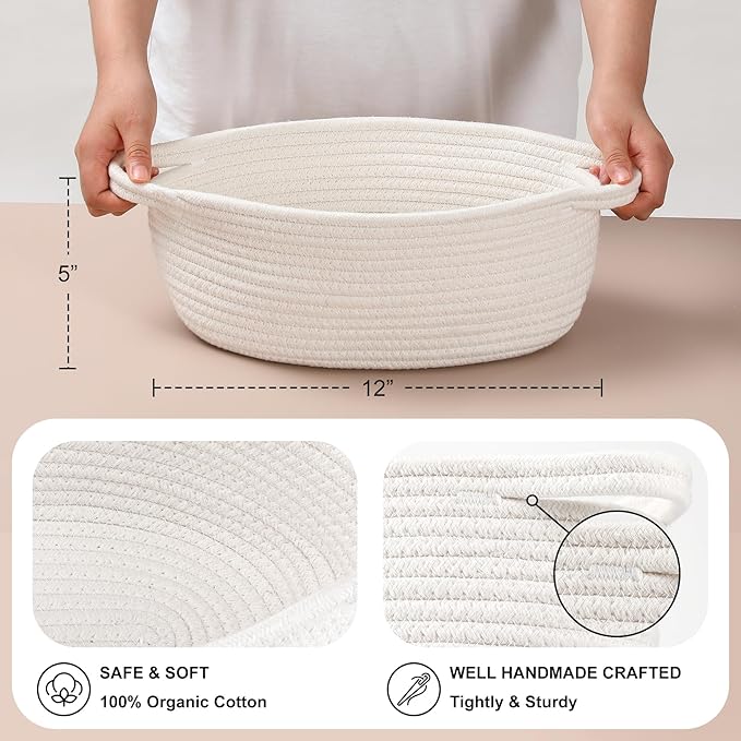 2 Pack Small Woven Basket with Gift Bags and Ribbons, Empty Decorative Gift Chest Box, Cute Baby Gift Basket for Nursery, Cotton Rope Room Shelf Storage Basket with Handles, All 12"x 8"x 5",White
