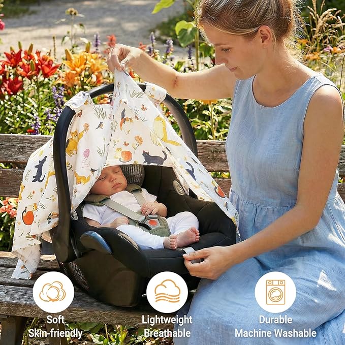 Metplus Car Seat Cover Baby, 100% Muslin Cotton Infant Carseat Covers for Boys and Girls, Lightweight Breathable Canopy, Summer Stroller Sun Shade, Newborn Travel Essentials(Cat)