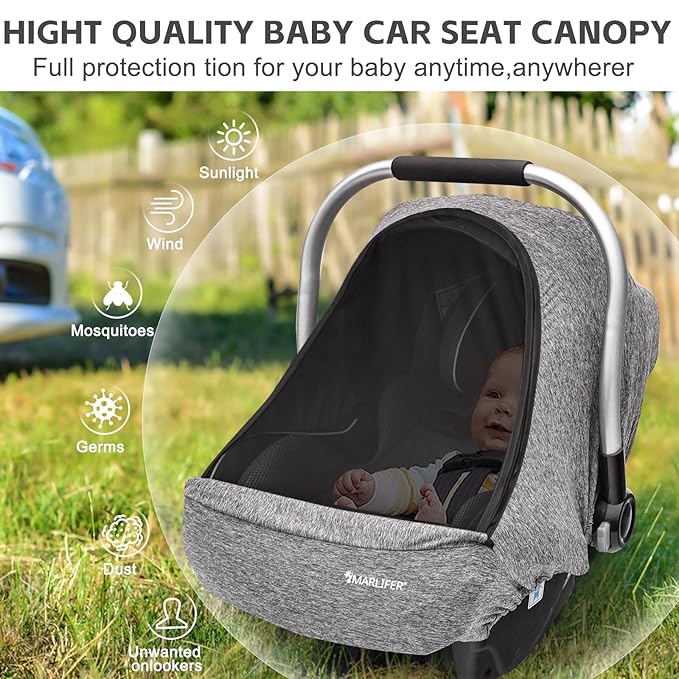 Baby Car Seat Cover, Large Mesh Window, Breathable Fabric, Infant Windproof Canopy, Universal Fit CarSeat Covers for Babies, Machine Washable, Gray