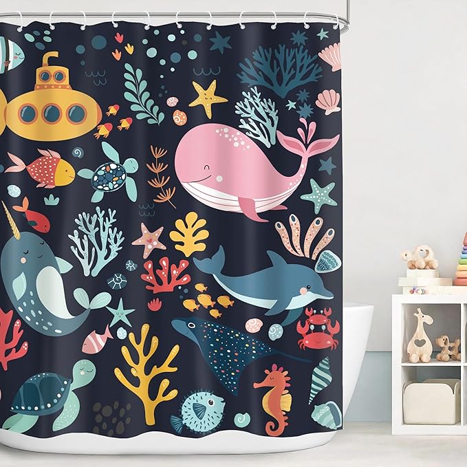 Kids Shower Curtain Ocean Whale Cute Cartoon Funny Sea Animal Fish Bathroom Decor Underwater Coastal Submarine Nursery Baby Boys Girls Black 60Wx72H Bath Curtain Fabric Polyester 12 Pack Hooks
