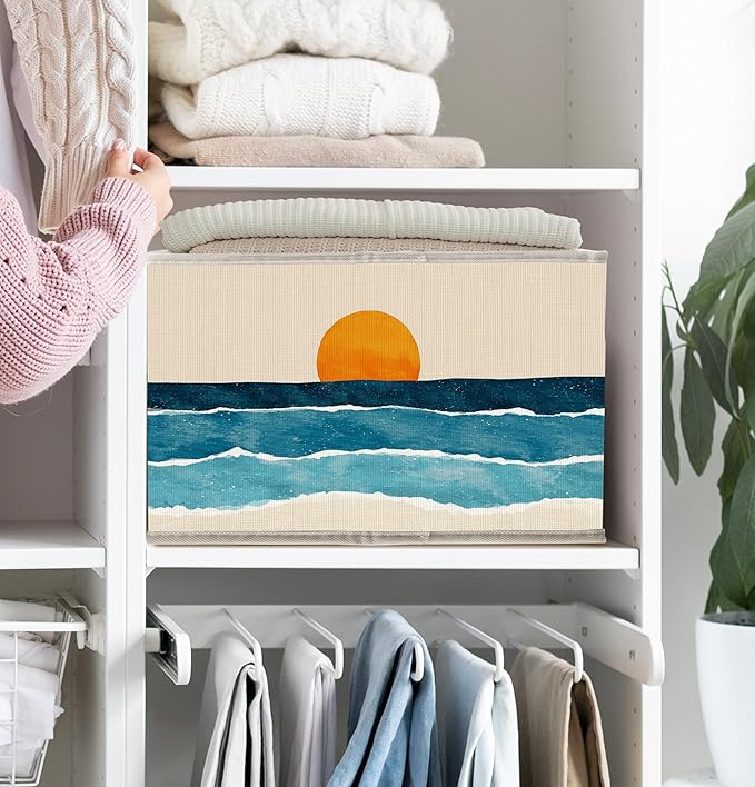 FDHSPAAM Boho Coastal Sun Storage Bins Box with Handles, Abstract Beach Coast Sunrise Collapsible Fabric Storage Basket Box Organizer for Bedroom Bathroom Clothes Toys Books