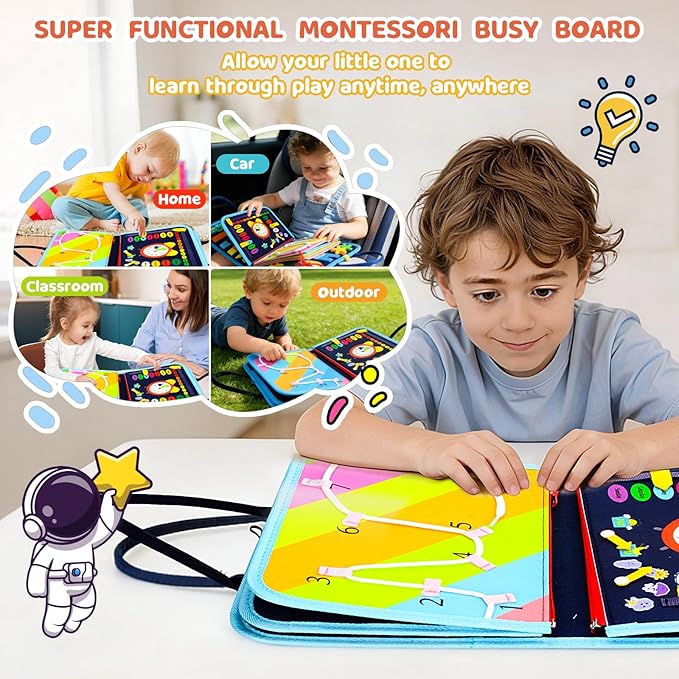 Toddler Busy Board Montessori Toys, Busy Book Educational Learning Toys for Toddler Boys, Activity Book Sensory Toy with Life Skills, Kids Travel Toy for Airplane Car Toddlers Christmas Birthday Gift