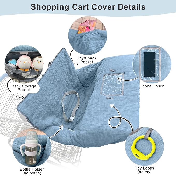 Muslin Shopping Cart Cover for Baby Soft & Breathable High Chair Covers for Restaurant Seat Grocery Cart Cover with Storage Pocket Machine Washable for Infant Toddler Boy Girl, Dusty Blue