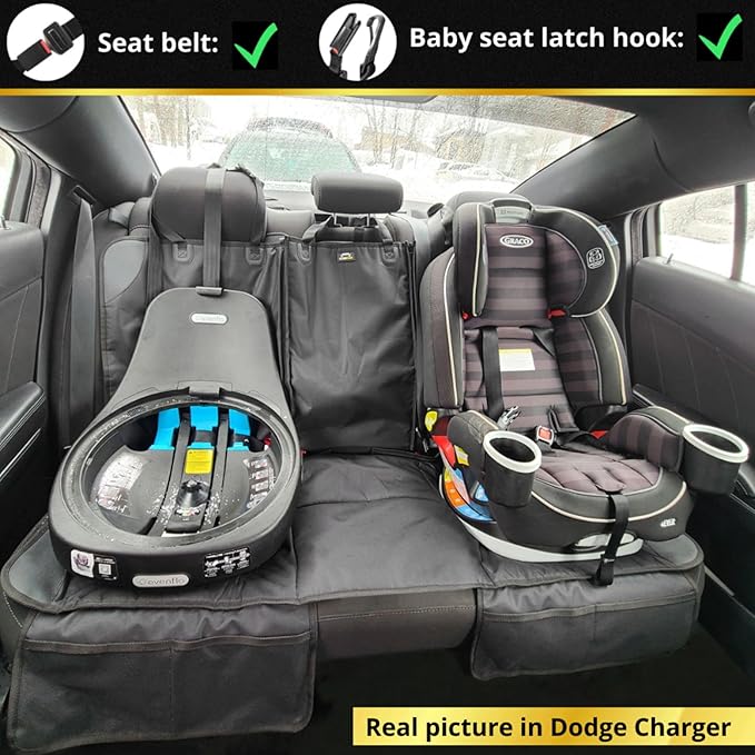 Car Seat Protector, Under Child Car Seats Cover | Waterproof, 3 Functional Rear Belts, Baby Carseat Cushion, Covers Fabric and Leather Seats | 4Pockets Non-Slip Thick Padding