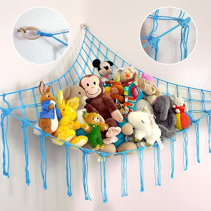 ABBY BABY Large Stuffed Animal Hammock Corner - Stuffed Animal Storage - 100% Natural Cotton Macrame Stuffed Animal Net - Stuff Animal Organizer - Net For Stuffed Animals Corner Large-Blue