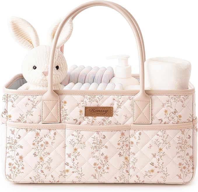 Konssy Floral Quilted Diaper Caddy Organizer, Diaper Caddy Basket with Vegan Leather Handles, Portable Nursery Storage Basket, Water-Repellent Car Organizer, Registry Search Must Haves (Floral)