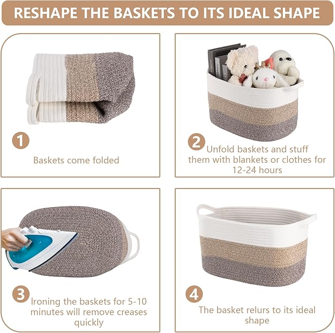 AOFANGSHIYE 3PCS Grey Cotton Rope Woven Storage Basket, 15x10x8.7 Inches Shelf Organizer for Baby Gift Baskets, Toys, Laundry, Baby Blankets & Empty Gift Baskets