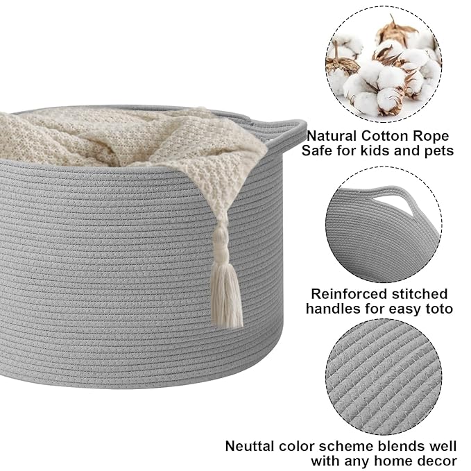 Large Storage Basket with Handle,19.7" L x 19.7" W x 13" H Blanket Basket Storage Bins for Organizing,65L Cotton Rope Woven Baskets for Living Room, Nursery,Bedroom,Light Gry
