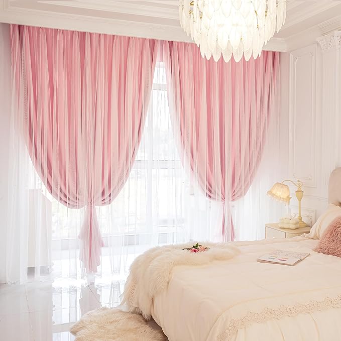 XiDi Double Layer Curtains with Sheer Overlay for Girls Kids Bedroom 96 Inches Long Pink Blackout Curtains Princess Nursery Thermal Insulated Room Darkening Grommet Drapes Lace Hem 2 Panels W52xL96