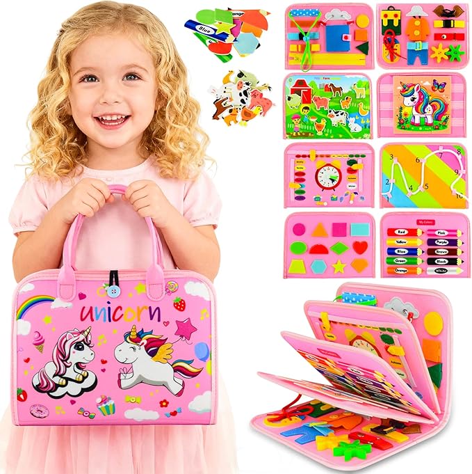 Toddler Busy Board Montessori Toys, Busy Book Educational Learning Toys for Toddler Girls, Activity Book Sensory Toy with Life Skills, Kids Travel Toy for Airplane Car Toddlers Christmas Birthday Gift