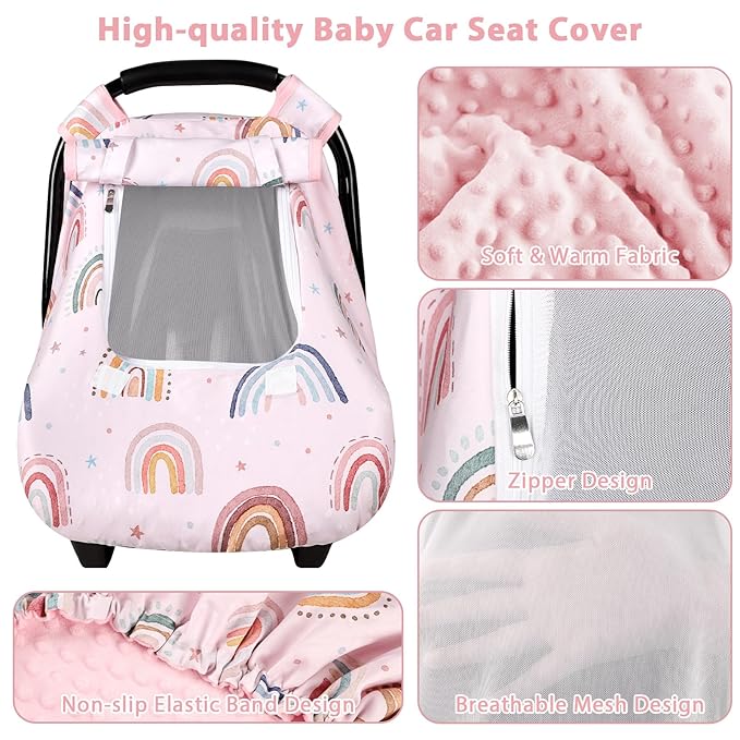 Car Seat Cover Baby Girl, Warm Winter Carseat Cover for Baby, Kick-Proof Infant Car Seat Cover with Peep Window, Windproof & Cozy, Pink Rainbow