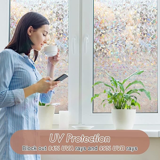 Haton Window Privacy Film, Stained Glass Rainbow Film Decorative Window Clings, Static Cling Sun Blocking Stickers Decals Coverings Tint for Home Heat Control, Non-Adhesive 11.8" x 78.7"