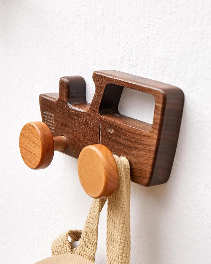 Kids Coat Hooks Wall Mount, Walnut Car-Shaped Coat Rack Heavy Duty for Bathrooms,Kids’ Room,Door,Nursery,Entryway, 4 Pack Wood Wall Hooks for Hanging Hats,Backpacks,Towels,Keys&Clothes
