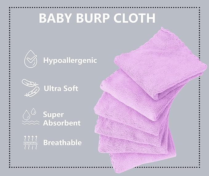 Spotted Play 8 Pack Burp Cloths for Baby - 20" by 10" Ultra Absorbent Burping Cloth, Newborn Towel - Milk Spit Up Rags - Burpy Cloths for Unisex, Boy, Girl - Burp Cloths Set (Purple)