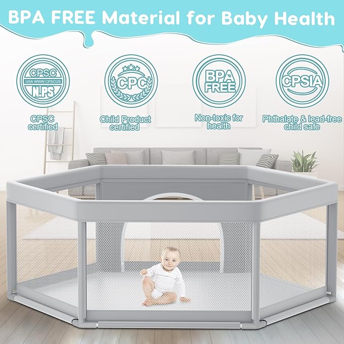 Fshibila 65" ×65" Hexagonal Baby Playpen, Baby Playard for Babies and Toddlers, BabyFence Play Pens for Indoor & Outdoor, Sturdy Safety Play Yard with Soft Breathable Mesh, Anti-Fall, Grey