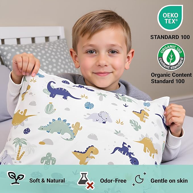 ZPECC Toddler Pillow with Pillowcase - Organic Cotton Hypoallergenic Kids Pillow, Baby Essentials for Travel Crib Daycare Stroller (Intended for Age 2 and up) (Dinosaur, 2 Piece Set 13“x18”)