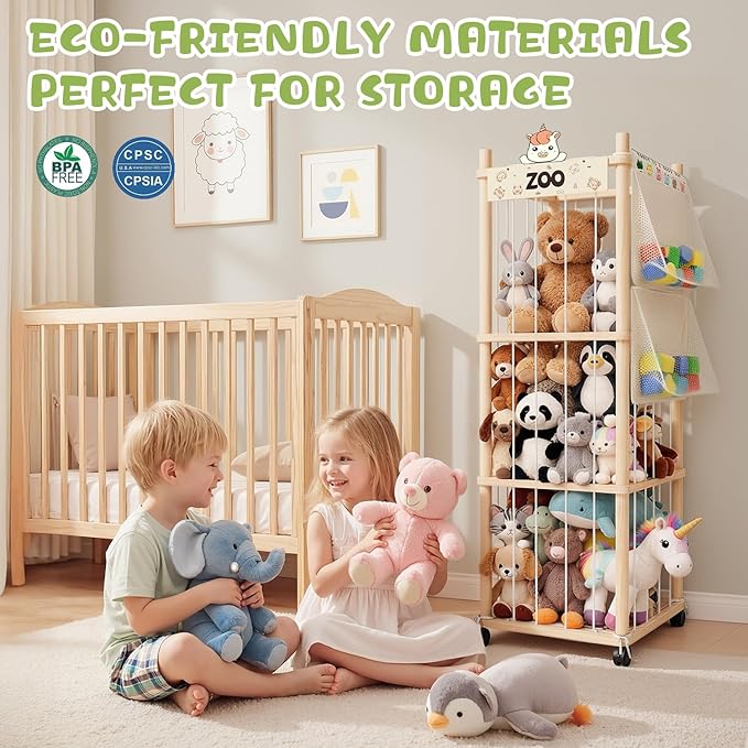 Nynicorny Stuffed Animal Storage Zoo Tower, Wooden Toy Organizer with Wheels, 56inch Large Cute Stuffy Holder & Plushie Storage Bag, Premium Wooden Material For Toddler Rooms, Playrooms & Bedrooms