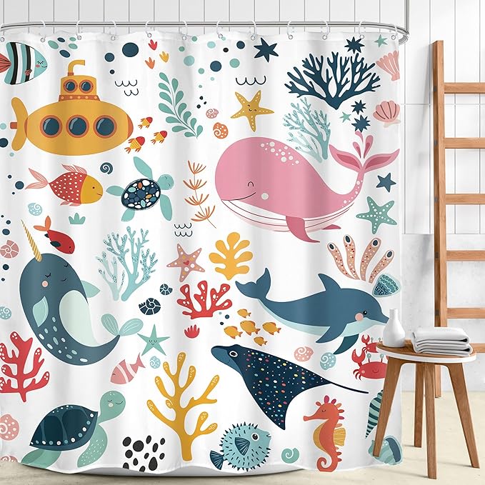 Kids Shower Curtain 72Wx78H Extra Long Kid Ocean Cartoon Whale Funny Underwater Sea Life Beach Nursery Boy Girl Bathroom Decor Coastal Submarine Fish Bath Curtain Fabric Polyester