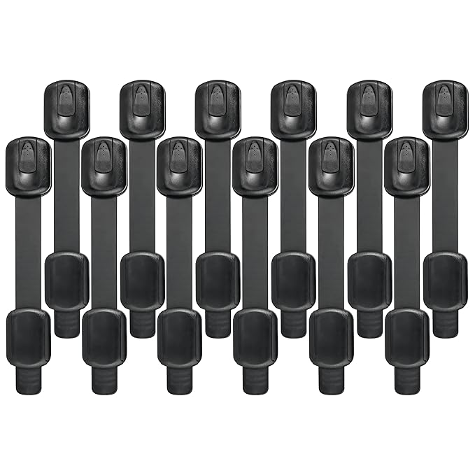 Baby Proof Cabinet Lock & Straps Latches Child Drawer Latches with 3M Adhesives Adjustable Non Drilling Safety Cabinet Locks Straps Baby Drawer Locks for Kids Baby Multi-Function 12 Pack (Black1)