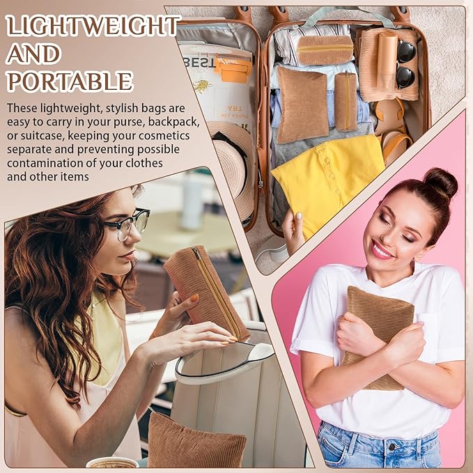 3 Pcs Makeup Bag Set for Women Corduroy Cosmetic Pouch Aesthetic Smile Travel Toiletry Bag Cute Purse Pouch Pencil Case Makeup Brushes Storage Organizer with Zipper(Brown,Solid Style)