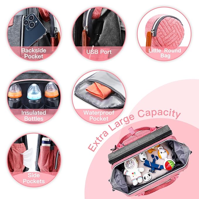 ISMGN Diaper Bag Backpack with Changing Station, Large Diaper Bag, Baby Bag, Multifunctional Diaper Bag, Pinkgray