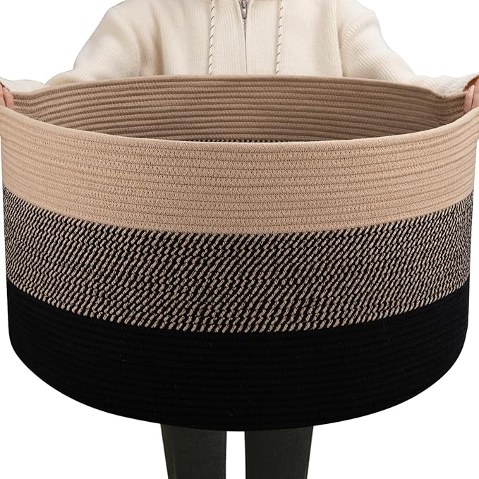 OIAHOMY 90L Blanket Basket for Living Room, Large Basket 23" x 23" x 13" with Handle, Laundry Hamper for Blankets, Pillows, Toy Storage for Kids, Dogs - Yellow and Black
