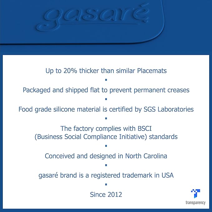 GASARÉ, Placemats Set of 4, Silicone Placemats, Table Mats, Non-Slip, Easy to Clean, Heat Resistant, Flexible, 20% Thicker, 16 x 12 inches x 1.1mm, Blue