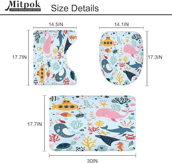 4 PCS Blue Kids Bathroom Set Summer Ocean 72Wx72H Shower Curtain Set Bath Rug Toilet Lid Cover Nonslip U Shape Mat Whale Funny Cartoon Cute Animal Resistant Accessories 12 Hooks Bathroom Decor
