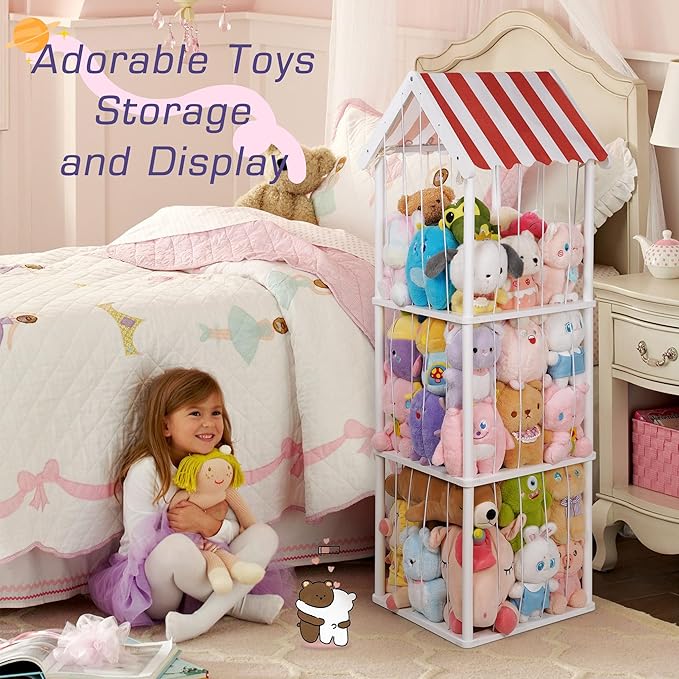 Edudif Stuffed Animal Storage, Space Saving Vertical Stuffed Animal Holder Wood, Easy Assembly Cottage-Style Plush Toys Organizer for Kids Bedroom & Playroom (White, Large)
