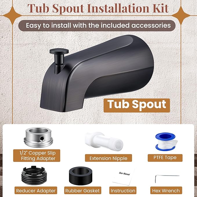 Dreyoo Tub Spout (Universal Fits 1/2" Copper Pipe, 1/2" IPS and 3/4" IPS), Bathroom Bathtub Faucet with Adapters and Hex Wrench(Oil Rubbed Bronze,Simple)