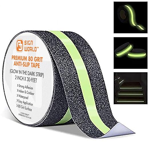 Best Anti-Slip Grip Tape, Black with Glow in The Dark Strip, 2" x 30 FT, 80 Grit, Industrial Grade, Indoor, Outdoor, Weatherproof (2-Inch x 30 Feet Roll)