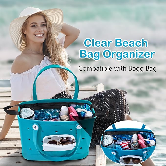 Clear Beach Bag Organizer Insert with 3pcs Accessories for Medium Bogg Bag Inserts -Beach Tote Bag Divider with Sunglasses Holder, Phone Holder and Clips Hooks - Beach Tote Insert Organizer Liner