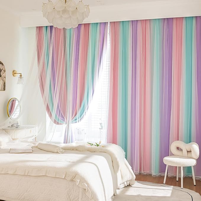 XiDi Double Layer Curtains for Nursery Girls Bedroom 84 Inches Long Full Blackout for Kids Princess Room Colorful Rainbow Design Unicorn Wall Decor Ombre Pink Purple Green Curtains W34 X L84 2 Panels