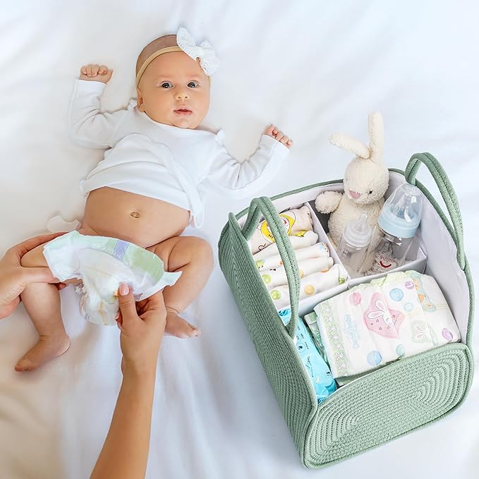 Diaper Caddy Organizer for Baby, Cotton Rope Baby Gift Basket, Portable Diaper Organizer for Changing Table, Diapers Nursery Storage Organizer for Travel, Camping, Green Baby Shower Gifts for Newborn