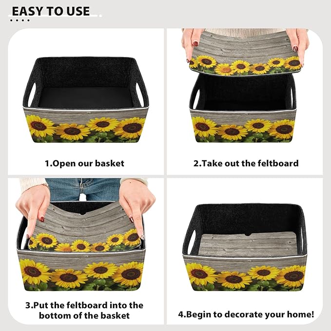 Emelivor Fall Sunflowers Yellow Storage Basket Bins Set (2pcs) Felt Collapsible Storage Bins with Fabric Rectangle Baskets for Organizing for Nursery ,Kids Room,Clothes,Towels,Magazine