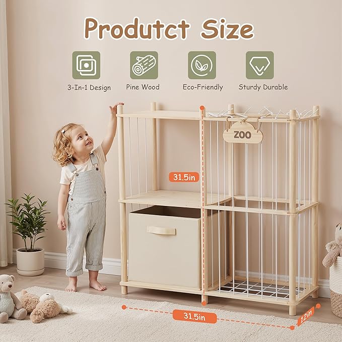 LAMU Stuffed Animal Storage and Kids Bookshelf, Wooden Toy Organizer with Large Toy Box Chest, Kids Bin Shelf Toys Box Bookcase, Stuffed Animal Zoo Holder for Bedroom Playroom Nursery