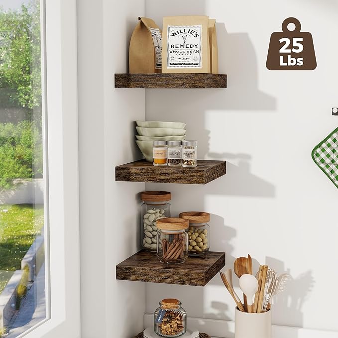 Fun Memories Square Floating Shelves for Wall, 9.3" W x 9.3" D x 1.4" H, Shelves for Wall with Invisible Brackets, Small Wood Storage Shelves for Kitchen, Living Room, Bedroom, Set of 3(Rustic Brown)