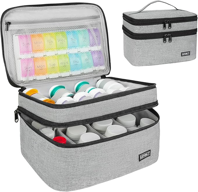 LEFOR·Z Medicine Storage Bag,Double Layers Pill Bottle Organizer Bag Empty with Lockable Zipper&Adjustable Divider,Medication Travel Carrying Bag for Pills,Vitamins,Medical Supplies,Grey