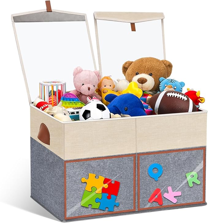HISULIV 1 Pack Large Toy Storage Box with Clear Lids Collapsible Toys Chest Organizer Bin Basket with Adjustable Dividers for Kids Boys Girls Living Room Nursery Playroom Closet Beige and Grey