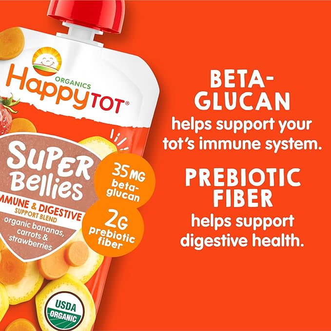 HAPPYTOT Organics Stage 4 Baby Food Pouches, Gluten Free, Vegan Snack, Super Bellies, Fruit & Veggie Puree, Banana, Carrot & Strawberry 4 Ounce (Pack of 16)